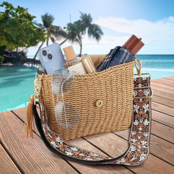 Women's Summer Straw Braided Crossbody Bag with Tassel Chain,Shoulder Straps Wov - Picture 6 of 6